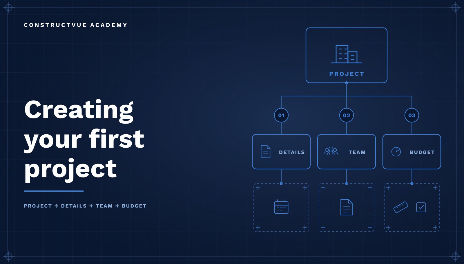 ConstructVue Academy lesson artwork: an abstract project structure of nested phase blocks above a timeline on a deep navy background.