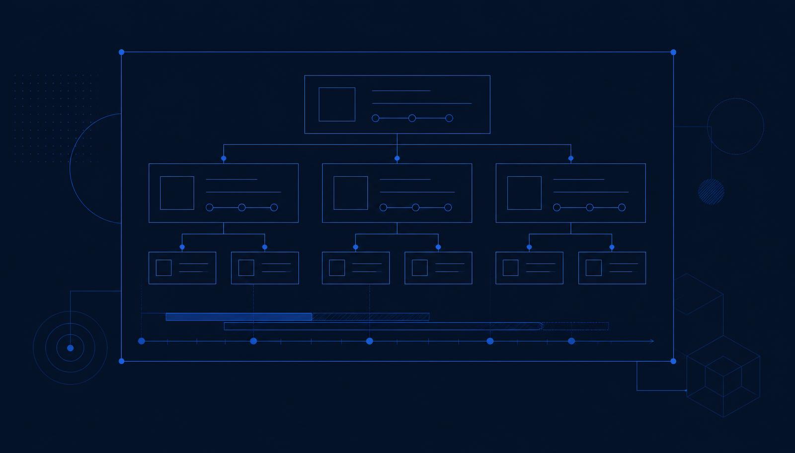 ConstructVue Academy lesson artwork: an abstract project structure of nested phase blocks above a timeline on a deep navy background.